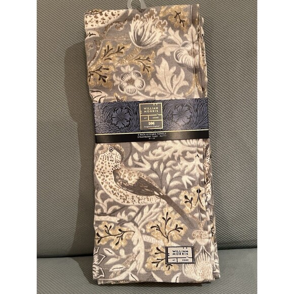 William Morris & Co Kitchen Dish Towels Strawberry Thief Putty Cotton Set of 3 - Picture 2 of 11